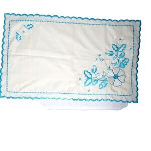 Vtg Floral Embroidered Standard Pillowcase Scalloped Edge Turquoise Blue White